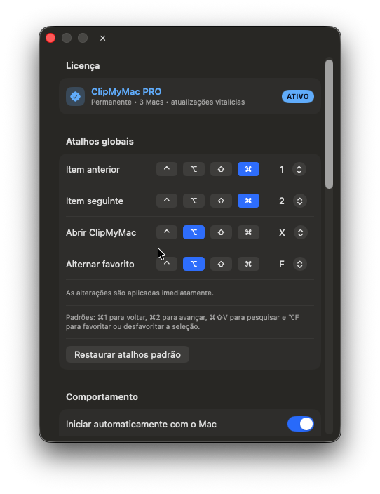 Tela de atalhos globais do ClipMyMac com teclas para item anterior, item seguinte, abrir e favoritar