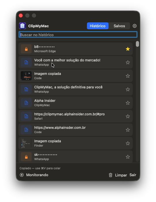 Janela do ClipMyMac com o histórico de itens copiados e a busca no topo